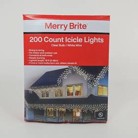 Merry Brite 050428290859 200 String Icicle Lights Clear Bulb White Outdoor Christmas New