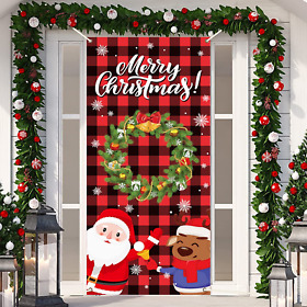Merry Christmas Door Cover Buffalo Check Plaid Sign Decorations Xmas Snowfl