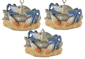 110766 Midwest Cbk Blue Crab On Driftwood Christmas Holiday Ornaments Set Of 3