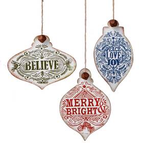 115418 Midwest Cbk Believe Peace Joy Merry And Bright Text Christmas Ornaments Set Of 3