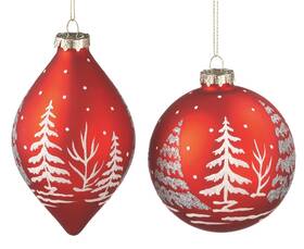 498293 Midwest Cbk Christmas Red Trees In Snow Scene Glass Holiday Ornaments Set Of 2