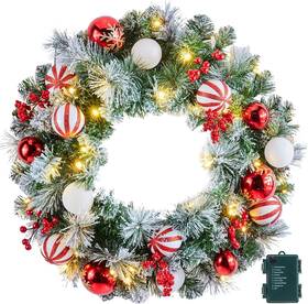 B0dcf2hwrp Minetom Pre-lit Artificial Christmas Wreath 24 Inch With 50 Led Lights Pine Berries Balls