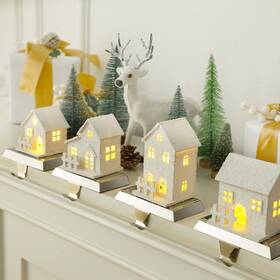Hui-morningro-0329 Morningro 4 Pcs Christmas Village Stocking Holder For Mantle Led House S