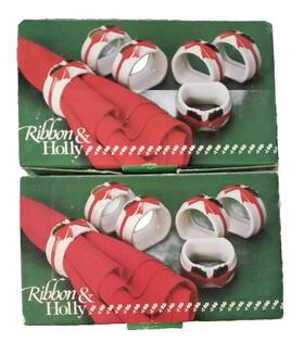 4938 Mount Clemens Pottery Napkin Rings Christmas Ribbon And Holly Porcelain Holders 1986 12