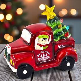 H223357 Mr. Christmas Nostalgic Red Pick Up Truck Farm Fresh Tree Pixie Elf Light Nwot