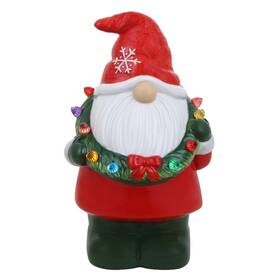 Mo24294 Mr. Christmas 12 Inch Led Lighted Ceramic Gnome With Wreath Statue Tabletop Holiday Decor