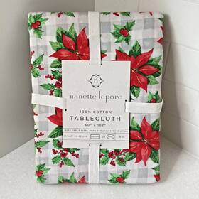 153935 Nanette Lepore Pointsettia Christmas Tablecloth Oblong 60 Inch X 102 Cotton New