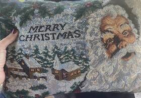 Natco 038698053992 Vtg Tapestry Pillow 10.5 X15 Inch Holiday Santa Claus Merry Christmas Village Red