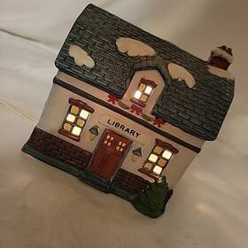 National Decorations 039934641355 Christmas Village Library Porcelain Lighted 1991 Americana