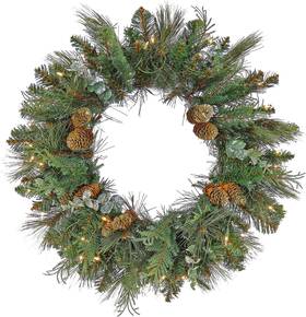 Nc3-307-24w-b1 National Tree Company First Traditions Pre-lit North Conway Christmas Wreath With Pinecones And Fro