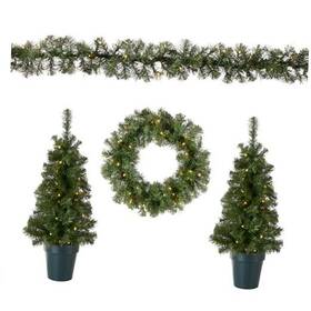 Pro7-asst-11 National Tree Pre-lit Holiday Christmas 4-piece Set Garland Wreath And Of 2 Entrance