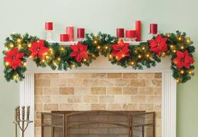 As-f1369 Ne-as 8ft Red Poinsettia And Dark Pine Led Lit Christmas Garland Battery Oper/timer #369