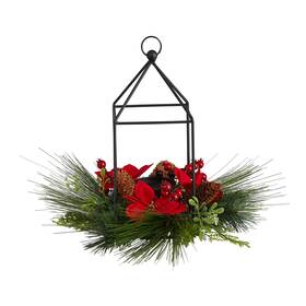 Nearly Natural 192897390750 14 Inch Christmas Poinsettia Berry And Pinecone Metal Candle Green