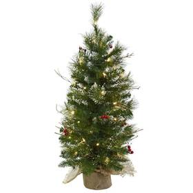 5442 Nearly Natural 3ft Artificial Christmas Tree With Clear Lights Berries Burlap Bag