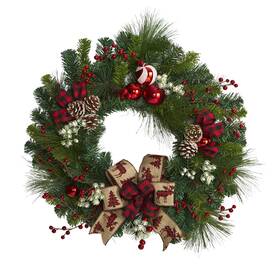 B08dp552n9 Nearly Natural 24 Inch Christmas Pine Artificial Wreath With Cones And Orname