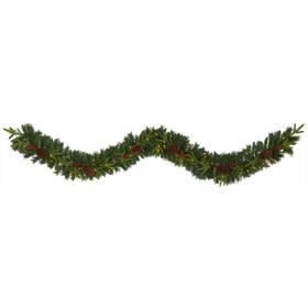 W1104 Nearly Natural 9ft Pre-lit Artificial Christmas Garland With Berries Pinecones