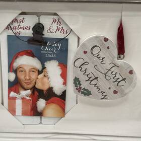 01-bk-34874 New View Wood Mini Photo Holder And Heart Ornament Inch Our First Christmas As Mr. Mrs