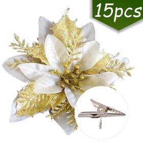 No 186802389618 Christmas Artificial Poinsettia Flowers Decorations Large Size 5.9 Inch Glitter Xmas