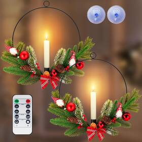 Sn00102 Nomfix 2pack Christmas Wreaths For Front Door With Timer And Flickering Led Taper Candles
