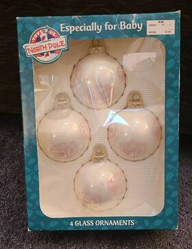 North Pole 026301695677 New Baby Christmas Ornament 4 Inch Pink Abc Ball Set Glass