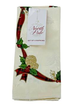 2613-c North Pole Trading Co. 4 Christmas Napkins Off White Cream Ribbon Holly New