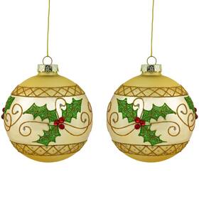 35699451 Northlight 2 Golden Glittered Holly Berries Christmas Glass Ball Ornaments 4 Inch