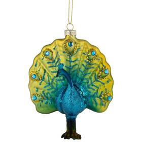 35711985 Northlight 4.75 Inch Glittered Blue And Gold Peacock Glass Christmas Ornament