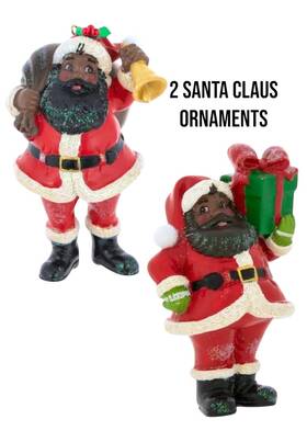 18889 Northpole Christmas 2 Black Santa Ornament Gift Box And Bell 4.5 In New