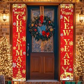 Nutolydecor 717181211131 Christmas Door Decorations Banner Red And Gold Porch Sign Merry