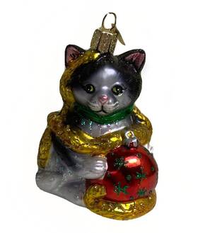 12223 Old World Christmas Holiday Kitten Glass Ornament Glitter Grey Black Garland