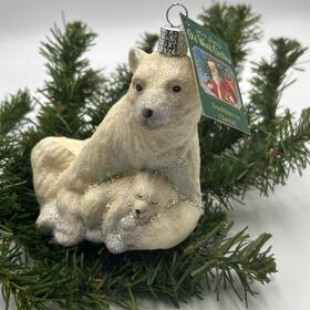 12249 Old World Christmas Polar Bear With Cub Blown Glass Ornament By