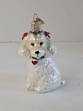 12613 Old World Christmas White Poodle Glass Tree Ornament With Red Bows