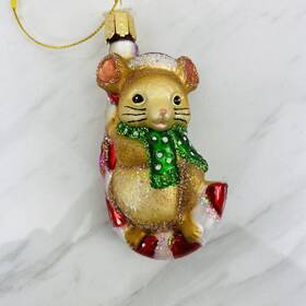12637 Old World Christmas Mouse On Candy Cane Glass Ornament 3.5 Inch
