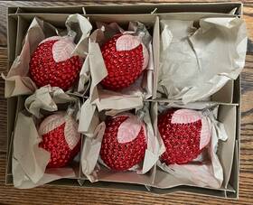 281050 Old World Christmas Vtg Blown Glass Orns Lge Frosted Leaf Strawberry Set Of 5