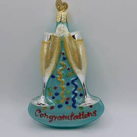 32217 Old World Christmas Owc Congratulation Champagne Toast Glass Blue Ornament