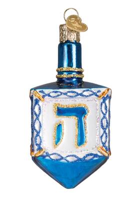 44083 Old World Christmas Blue White And Golden Dreidel Holiday Ornament Glass