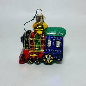 Old World Christmas 729343460035 Glass Ornament Small Locomotive Hand Painted Glitter