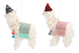 Hw0147 One Hundred 80 Degrees Wooly Llamas With Hats Christmas Holiday Ornaments Set Of 2 Wool 7.5 Inches