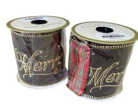 Park Hill Collections 848963094472 New 2 Ribbon Holiday Script Velvet Taffeta Plaid Christmas 4 Inch X 180
