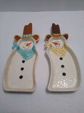 Cd-cnd-102 Pat Olson Snowman Cowboy Platters Chip Dip Servers Ceramic Christmas Set 2 Olsonrare