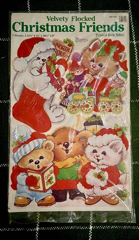 322-217 Peck Nos 198 Christmas Friends Jumbo Velvet Flocked Die Cut Xmas Window Decor 6pc Vtg