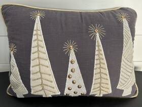 3689321 Pier 1 Christmas Holiday Throw Pillow Embellished Trees Gray Cream Gold 12x16 Inch