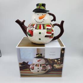 2973333 Pier 1 Imports Snowman Teapot Decorative Ceramic Stacking Mini Cup And Lid Christmas