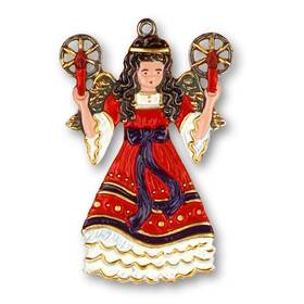 Ppt-015-0115 Pinnacle Peak Trading Company Angel In Red With Candles Double Sided Pewter German Christmas Ornament 3 Inch