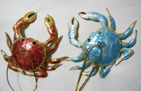 U202-9987e6green Pinnacle Peak Trading Company 2 Cloisonne Guilloche Articulated Crab Metal Christmas Tree Ornament Blue And Rose