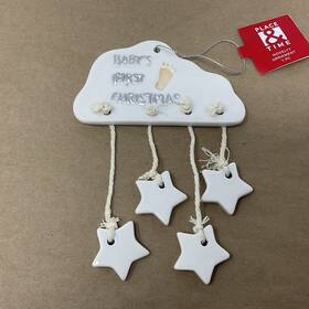 Place & Time 093108005510 Ceramic Ornament With Stars Hanging From Cloud Babys First Christmas 4 Inch X 6
