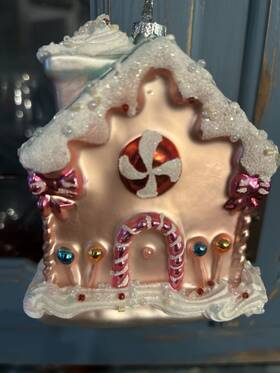 Place & Time 20028353 Pink Candy Gingerbread House Glass Christmas Ornament By And Nwt 4.5 Inch