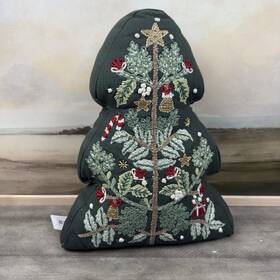 1148726 Pottery Barn Embroidered Nostalgic Tree Shaped Throw Pillow Green Christmas Nwt