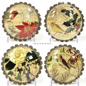 2965333 Pottery Barn Winter Birds Decoupage 4 Inch Ornament Set 4pc Christmas Glitter Mib