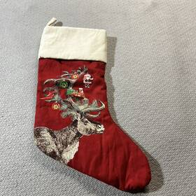 4106808 Pottery Barn Christmas Stocking Reindeer Ornaments Cotton Velvet Red 19 Inch Euc